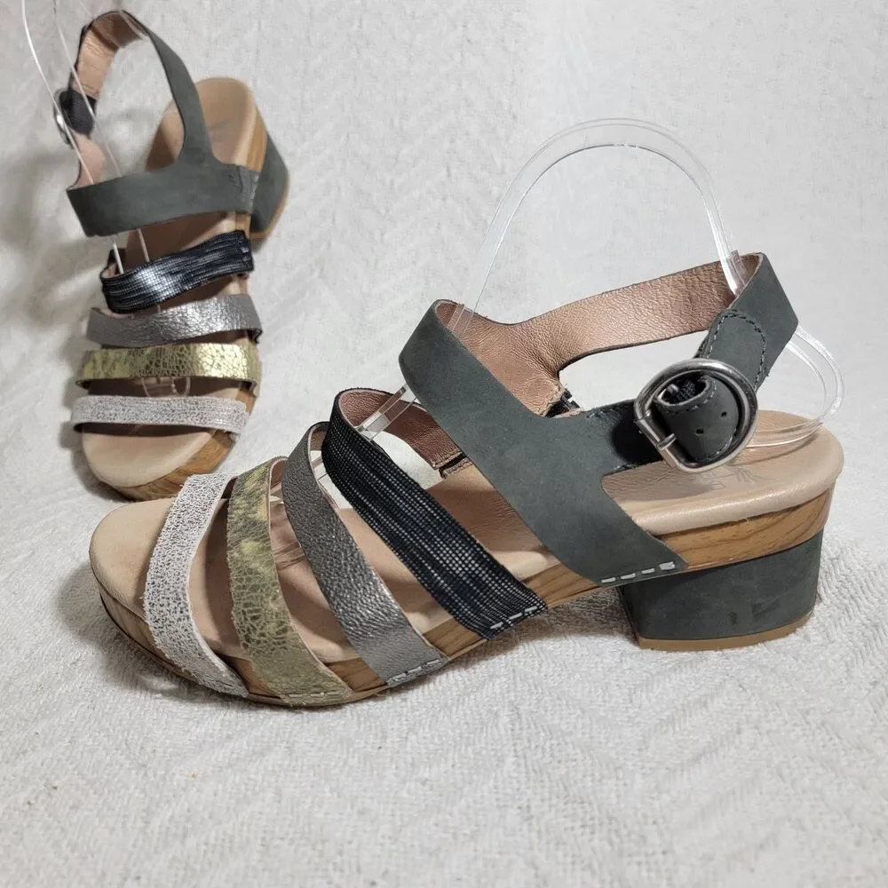 Dansko Multi-strap Metallic and Black Block Heel Sandals